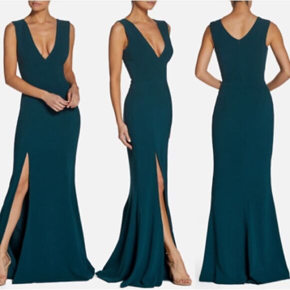Revolve Dress The Population Sandra Plunge Crepe Trumpet Gown Maxi Dress in Pine - Picture 11 of 11